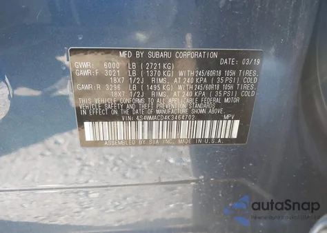 2019 Subaru Ascent Premium из США, поврежденный, VIN 4S4WMACD4K3464702